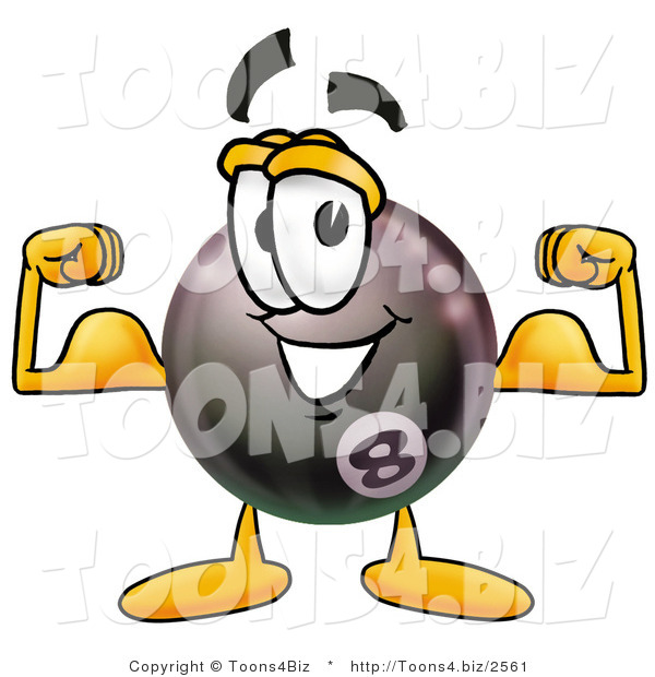 Illustration of a Cartoon Billiard 8 Ball Masco Flexing His Arm Muscles