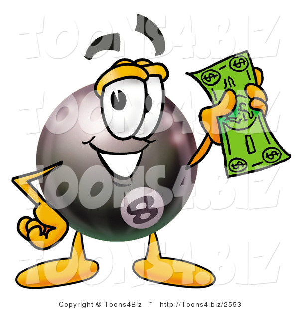 Illustration of a Cartoon Billiard 8 Ball Masco Holding a Dollar Bill