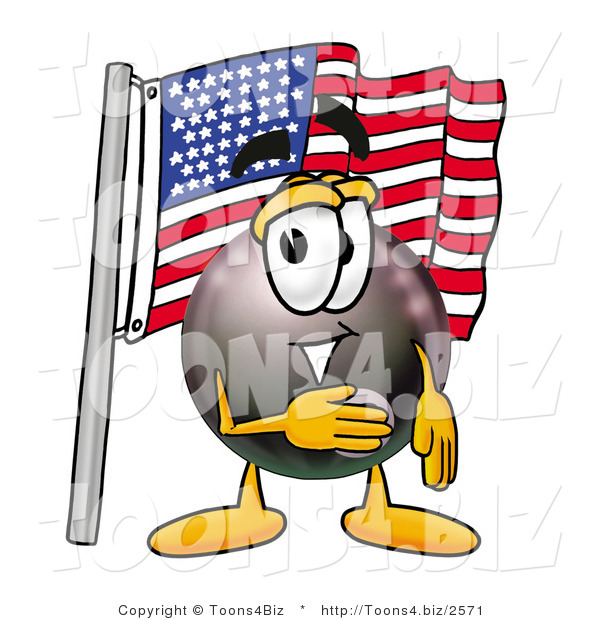 Illustration of a Cartoon Billiard 8 Ball Masco Pledging Allegiance to an American Flag