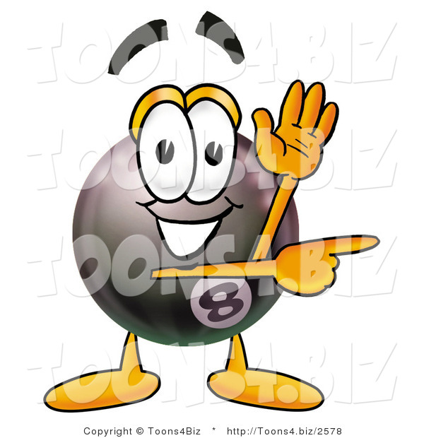 Illustration of a Cartoon Billiard 8 Ball Masco Waving and Pointing