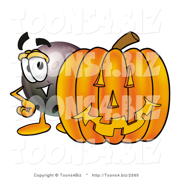 Illustration of a Cartoon Billiard 8 Ball Masco with a Carved Halloween Pumpkin