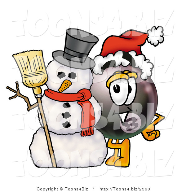 Illustration of a Cartoon Billiard 8 Ball Masco with a Snowman on Christmas