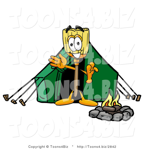 Illustration of a Cartoon Broom Mascot Camping with a Tent and Fire