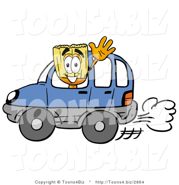 Illustration of a Cartoon Broom Mascot Driving a Blue Car and Waving