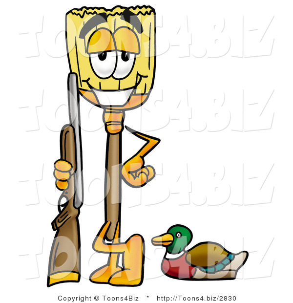 Illustration of a Cartoon Broom Mascot Duck Hunting, Standing with a Rifle and Duck