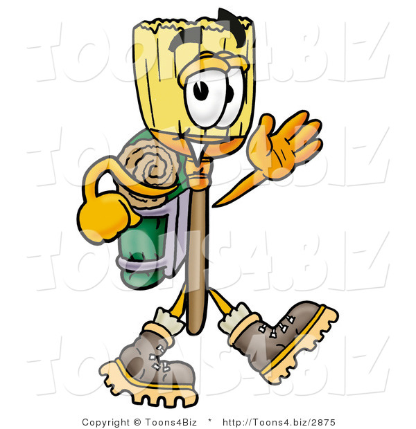 Illustration of a Cartoon Broom Mascot Hiking and Carrying a Backpack