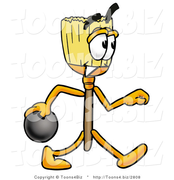 Illustration of a Cartoon Broom Mascot Holding a Bowling Ball