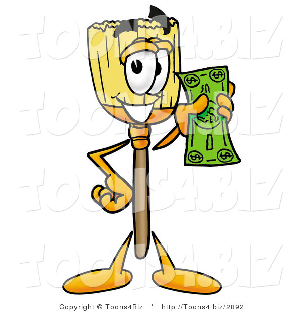 Illustration of a Cartoon Broom Mascot Holding a Dollar Bill