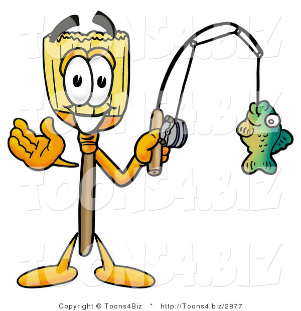 Illustration of a Cartoon Broom Mascot Holding a Fish on a Fishing Pole
