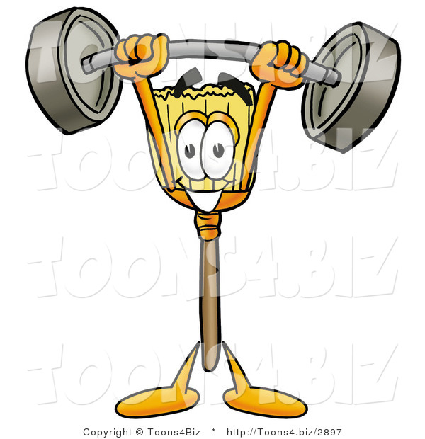 Illustration of a Cartoon Broom Mascot Holding a Heavy Barbell Above His Head