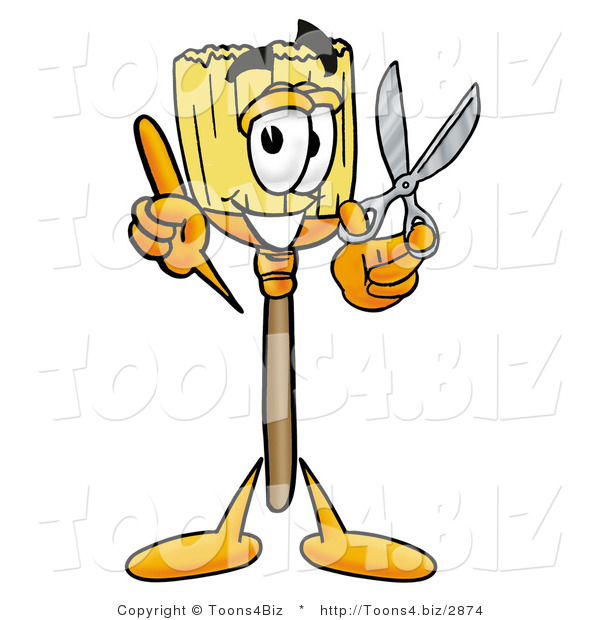 Illustration of a Cartoon Broom Mascot Holding a Pair of Scissors