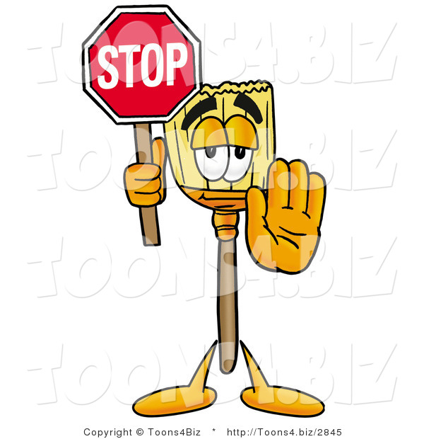 Illustration of a Cartoon Broom Mascot Holding a Stop Sign