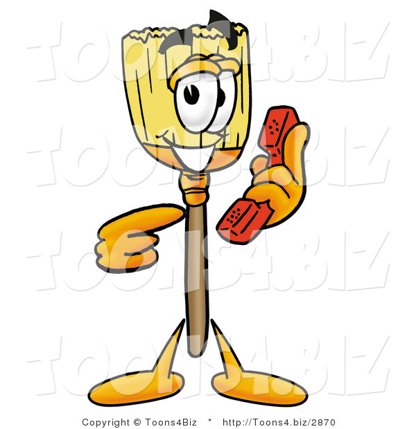 Illustration of a Cartoon Broom Mascot Holding a Telephone