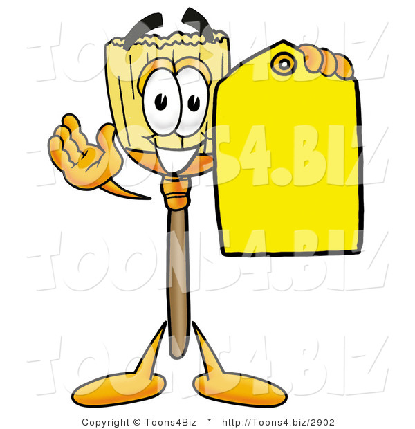 Illustration of a Cartoon Broom Mascot Holding a Yellow Sales Price Tag