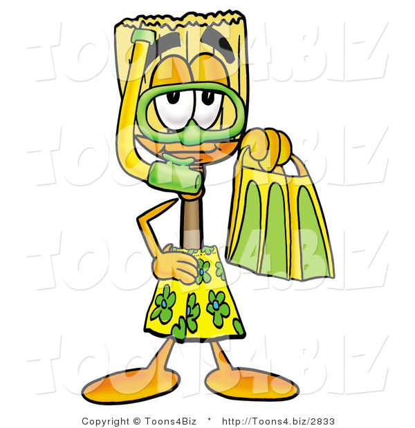 Illustration of a Cartoon Broom Mascot in Green and Yellow Snorkel Gear