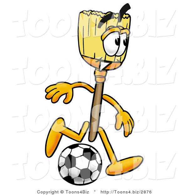 Illustration of a Cartoon Broom Mascot Kicking a Soccer Ball