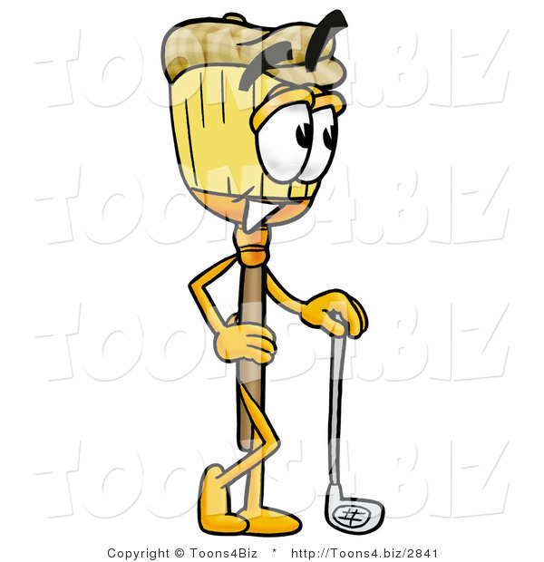 Illustration of a Cartoon Broom Mascot Leaning on a Golf Club While Golfing