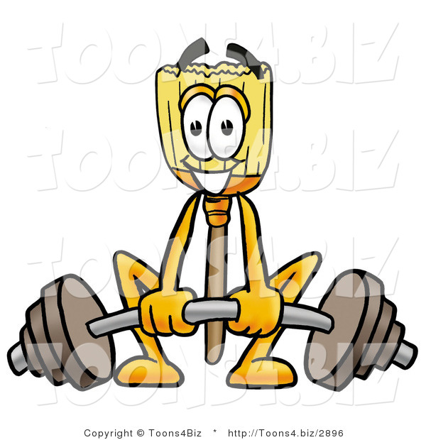 Illustration of a Cartoon Broom Mascot Lifting a Heavy Barbell
