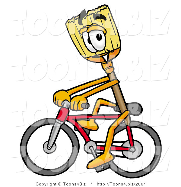 Illustration of a Cartoon Broom Mascot Riding a Bicycle