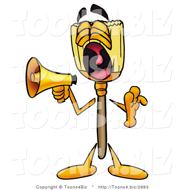 Illustration of a Cartoon Broom Mascot Screaming into a Megaphone