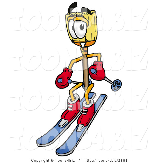 Illustration of a Cartoon Broom Mascot Skiing Downhill