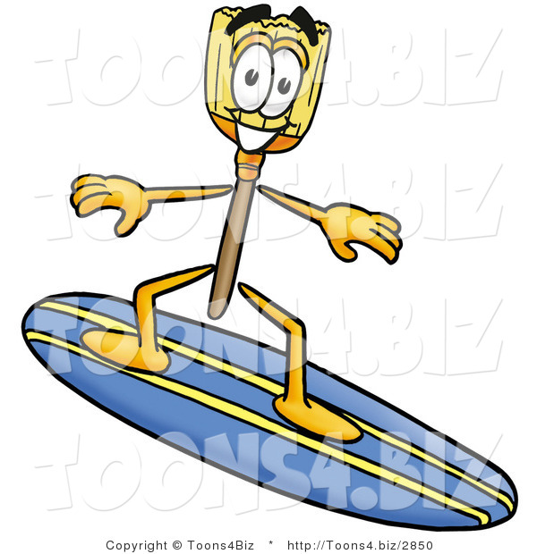 Illustration of a Cartoon Broom Mascot Surfing on a Blue and Yellow Surfboard