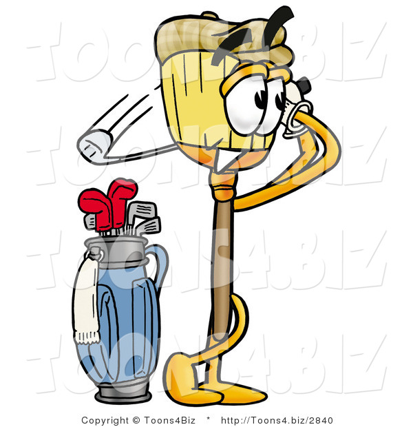 Illustration of a Cartoon Broom Mascot Swinging His Golf Club While Golfing