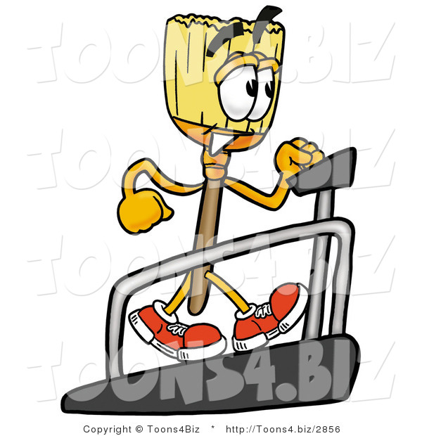 Illustration of a Cartoon Broom Mascot Walking on a Treadmill in a Fitness Gym