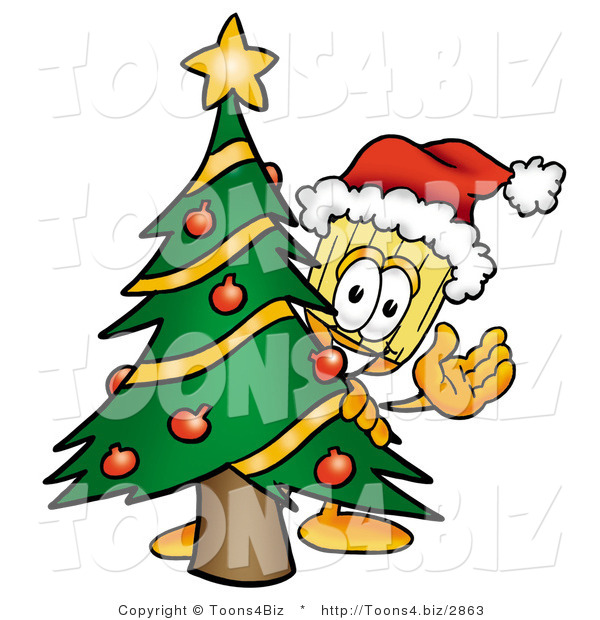Illustration of a Cartoon Broom Mascot Waving and Standing by a Decorated Christmas Tree