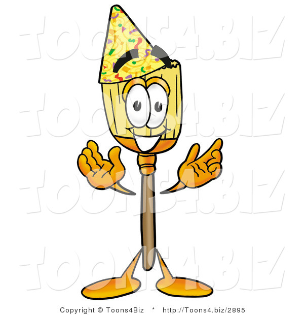 Illustration of a Cartoon Broom Mascot Wearing a Birthday Party Hat