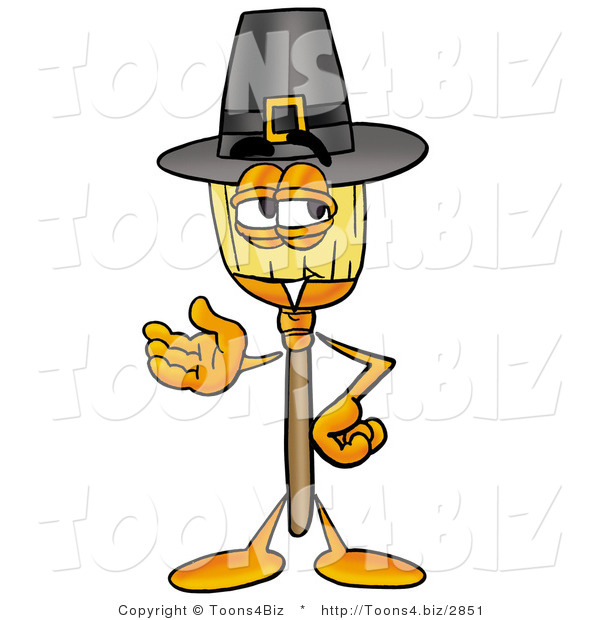 Illustration of a Cartoon Broom Mascot Wearing a Pilgrim Hat on Thanksgiving