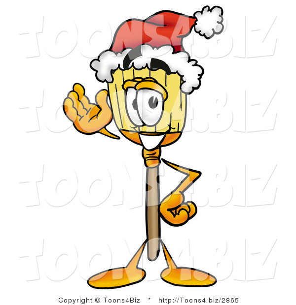 Illustration of a Cartoon Broom Mascot Wearing a Santa Hat and Waving