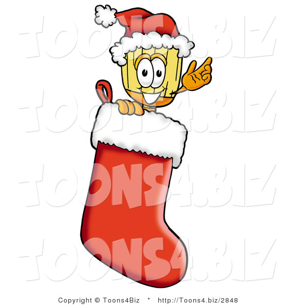 Illustration of a Cartoon Broom Mascot Wearing a Santa Hat Inside a Red Christmas Stocking