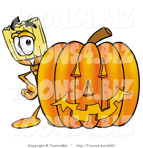 Illustration of a Cartoon Broom Mascot with a Carved Halloween Pumpkin