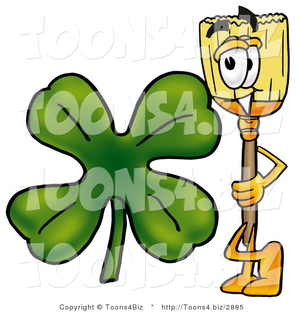 Illustration of a Cartoon Broom Mascot with a Green Four Leaf Clover on St Paddy's or St Patricks Day