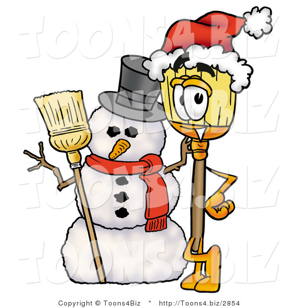 Illustration of a Cartoon Broom Mascot with a Snowman on Christmas