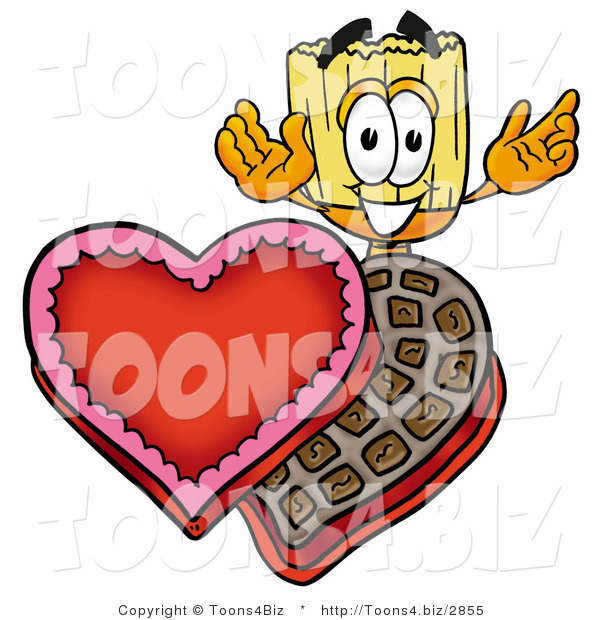 Illustration of a Cartoon Broom Mascot with an Open Box of Valentines Day Chocolate Candies