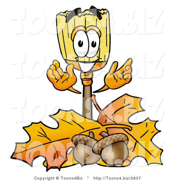 Illustration of a Cartoon Broom Mascot with Autumn Leaves and Acorns in the Fall