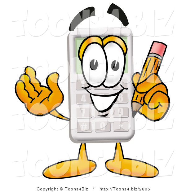 Illustration of a Cartoon Calculator Mascot Holding a Pencil