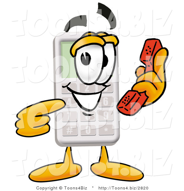 Illustration of a Cartoon Calculator Mascot Holding a Telephone