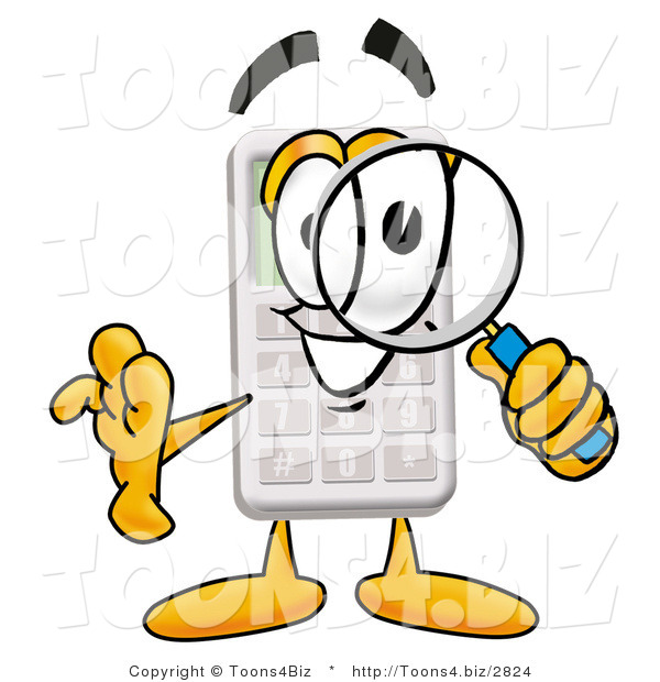 Illustration of a Cartoon Calculator Mascot Looking Through a Magnifying Glass