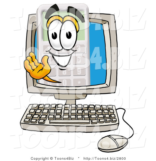 Illustration of a Cartoon Calculator Mascot Waving from Inside a Computer Screen
