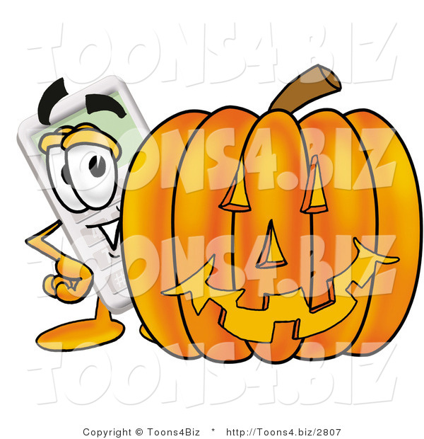 Illustration of a Cartoon Calculator Mascot with a Carved Halloween Pumpkin