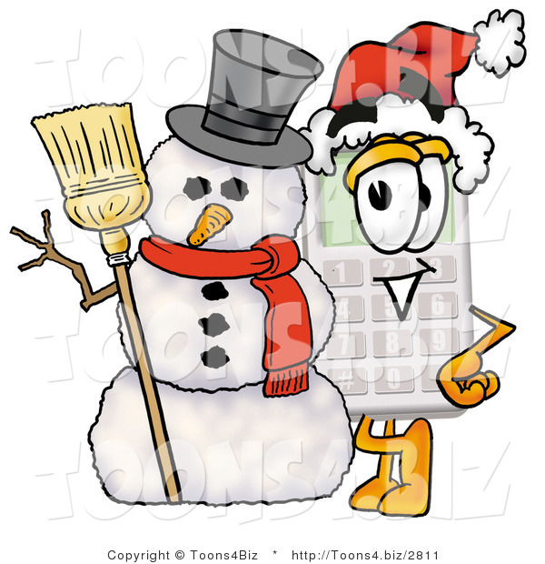 Illustration of a Cartoon Calculator Mascot with a Snowman on Christmas