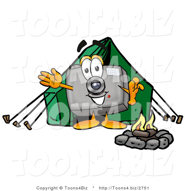 Illustration of a Cartoon Camera Mascot Camping with a Tent and Fire