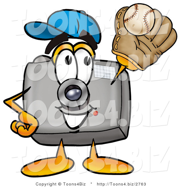 Illustration of a Cartoon Camera Mascot Catching a Baseball with a Glove