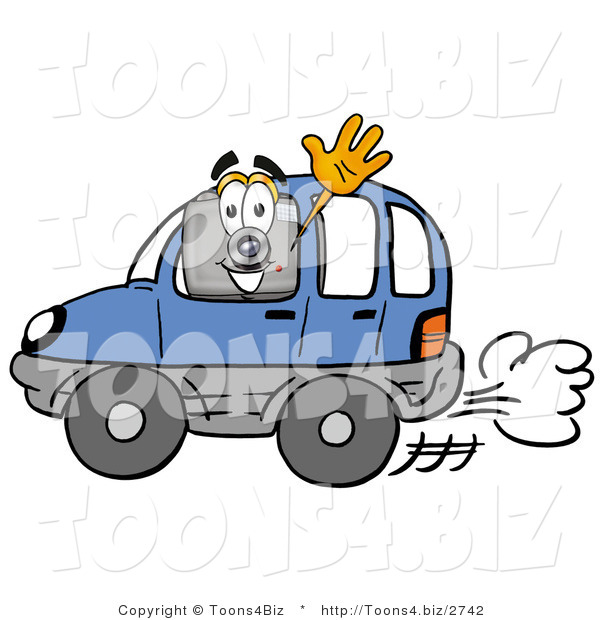Illustration of a Cartoon Camera Mascot Driving a Blue Car and Waving