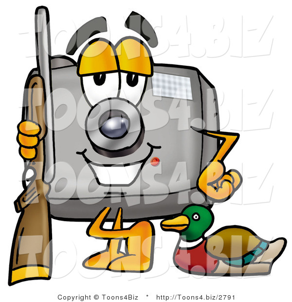 Illustration of a Cartoon Camera Mascot Duck Hunting, Standing with a Rifle and Duck