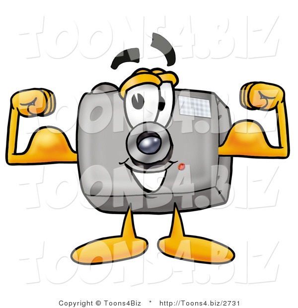 Illustration of a Cartoon Camera Mascot Flexing His Arm Muscles