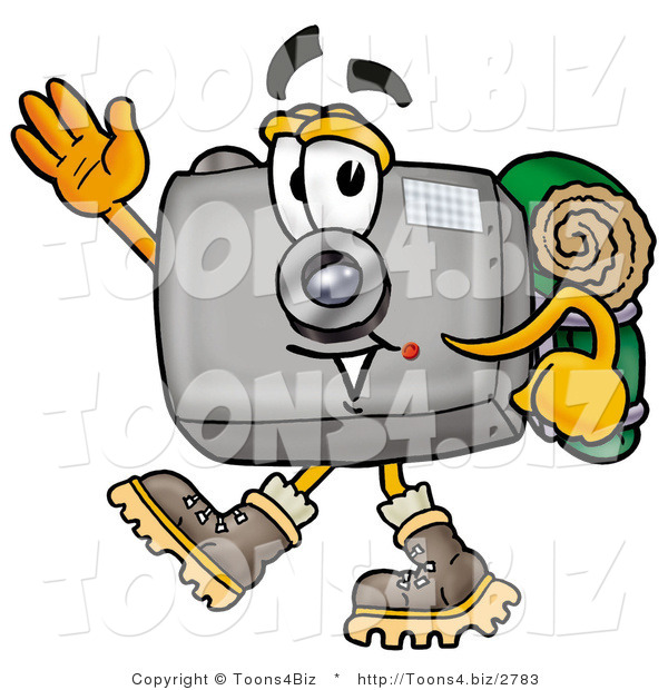 Illustration of a Cartoon Camera Mascot Hiking and Carrying a Backpack